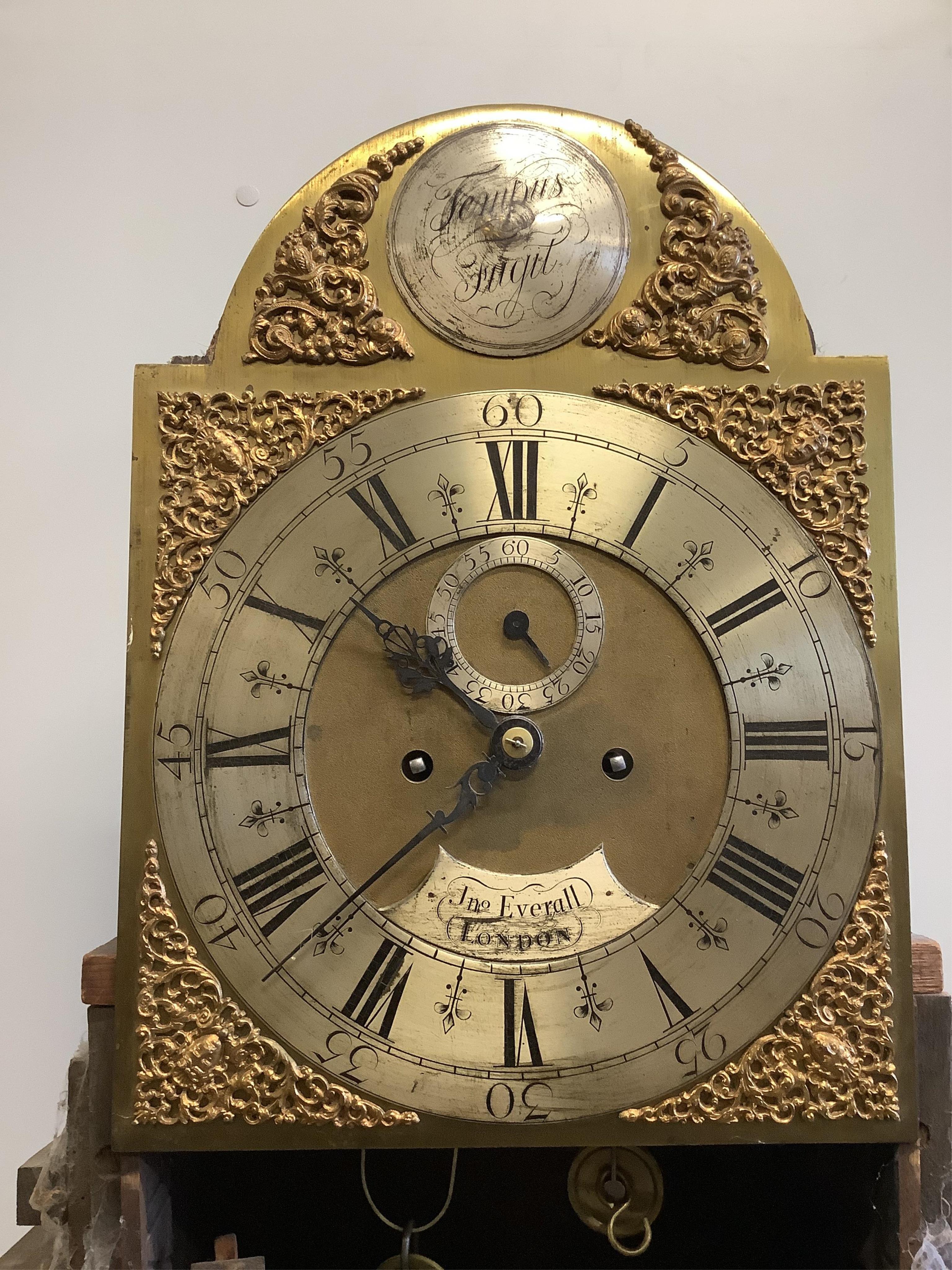 Jno. Everall of London. An 18th century walnut eight day longcase clock, height 226cm. Condition - fair